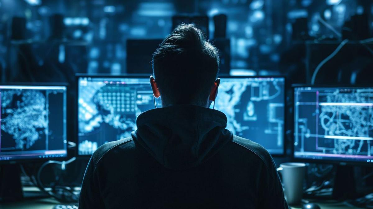 Un joven, ante varias pantallas de ordenadores.