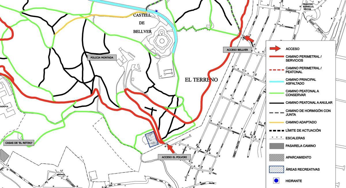 Plano de los caminos y senderos incluidos en el Plan de Usos y Gestión del bosque de Bellver.