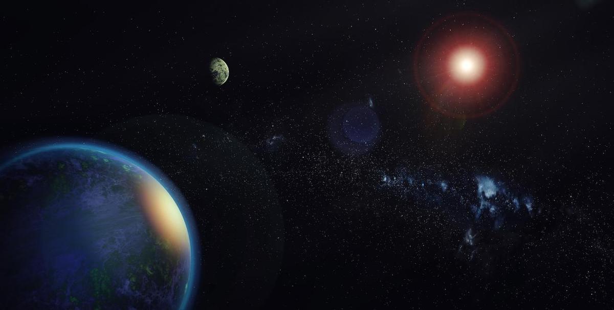 Recreación artística de los dos planetas de la masa de la Tierra orbitando la estrella GJ 1002.