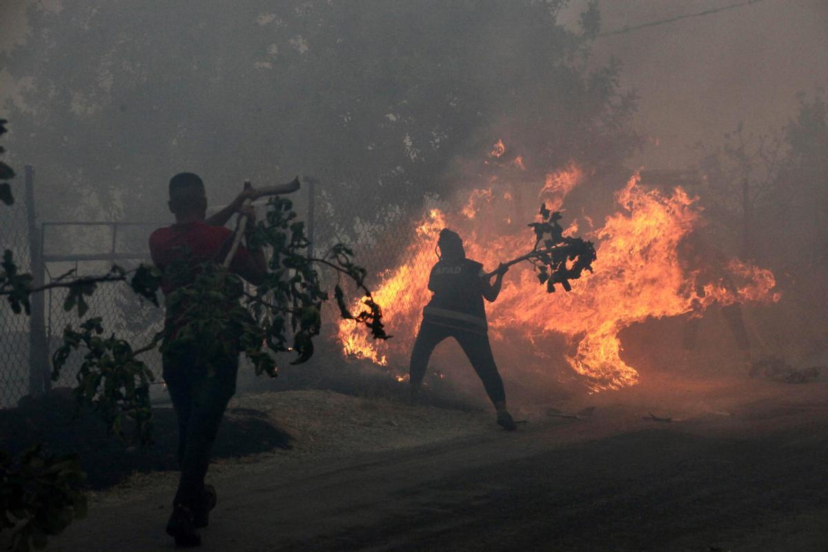 Habitantes de la ciudad turca de Oren, en la región de Mugla, tratan de apagar el fuego usando ramas.