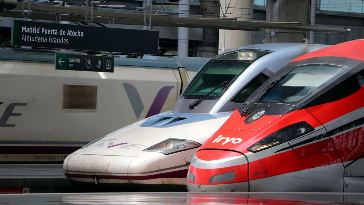Un AVE i un Iryo, aparcats de costat a Atocha.