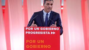GRAF5574 MADRID, 3/9/2019.- El presidente del Gobierno en funciones y secretario general del PSOE, durante la presentación hoy martes del acuerdo programático para un gobierno de progreso con el que espera conseguir los votos necesarios para su investidura.EFE/Chema Moya