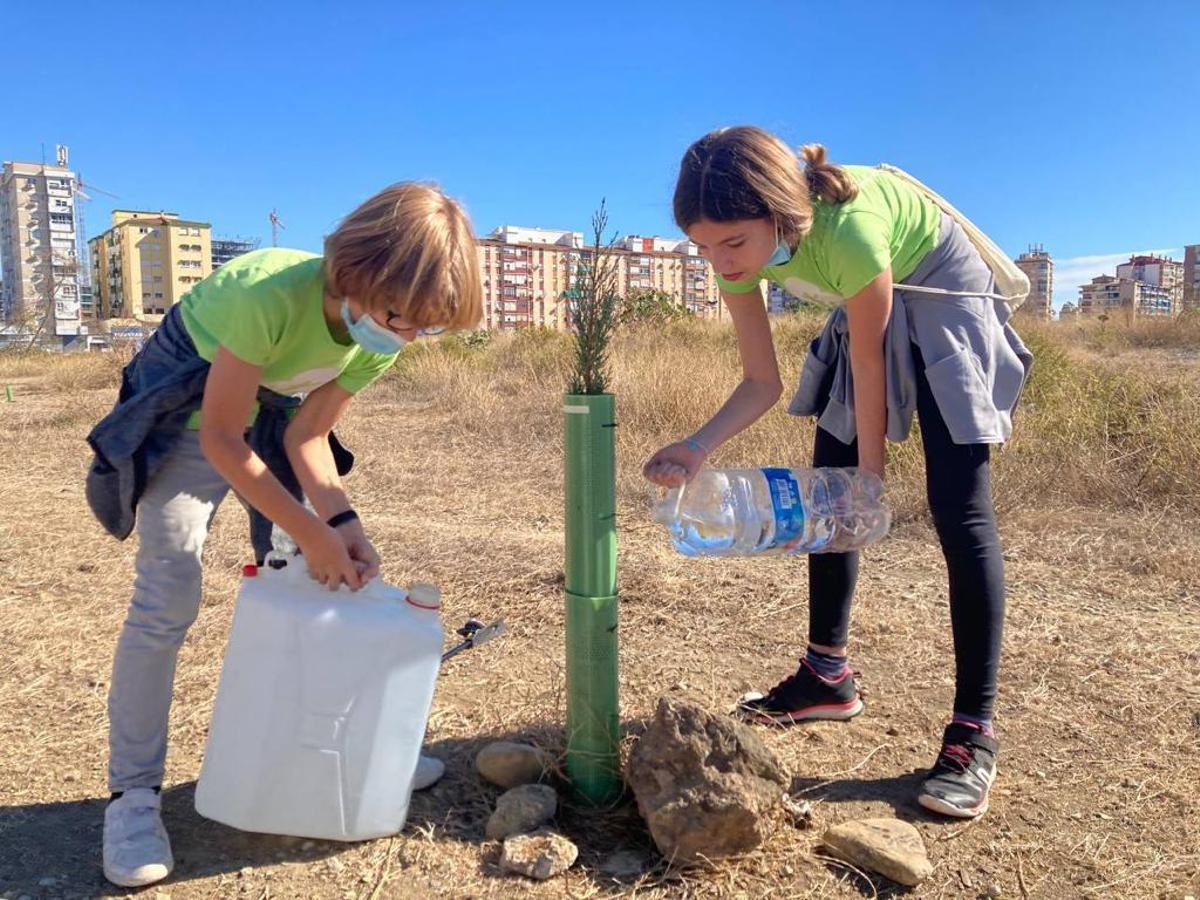 Dos jóvenes voluntarias plantan uno de los futuros árboles de los terrenos de Repsol.