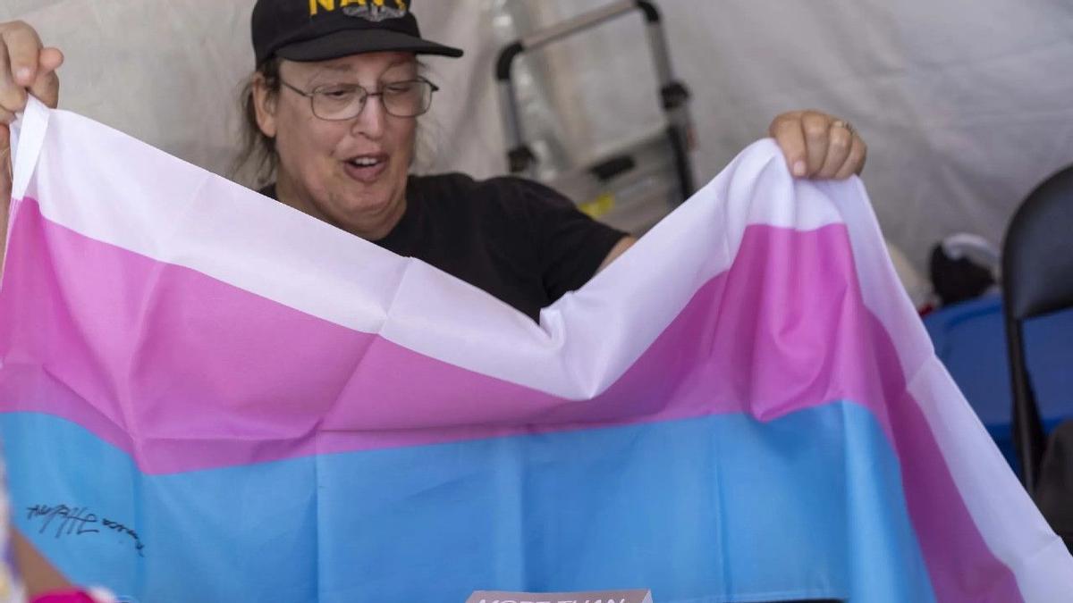 La bandera trans blava, rosa i blanca dissenyada per Mónica Helms
