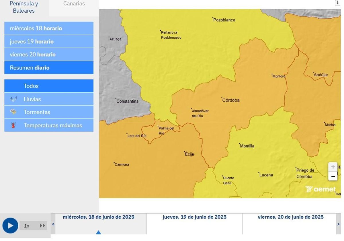 La Campiña cordobesa está en aviso naranja, mientras que Sierra y Subbética en amarillo, este miércoles, 18 de junio.