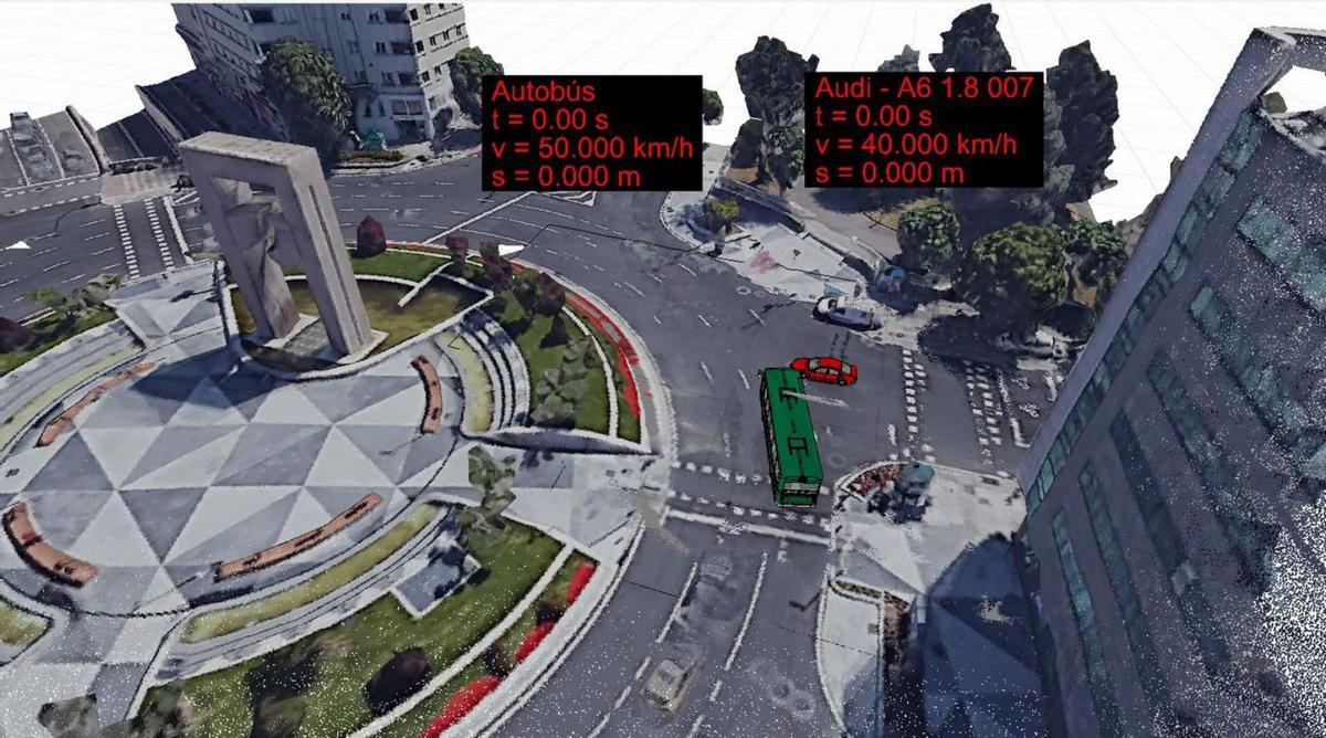 Dos imágenes de un accidente ficticio entre un autobús urbano y un turismo en la plaza América de Vigo que se simuló para este reportaje de FARO con el “Virtual Crash”. |   // FDV
