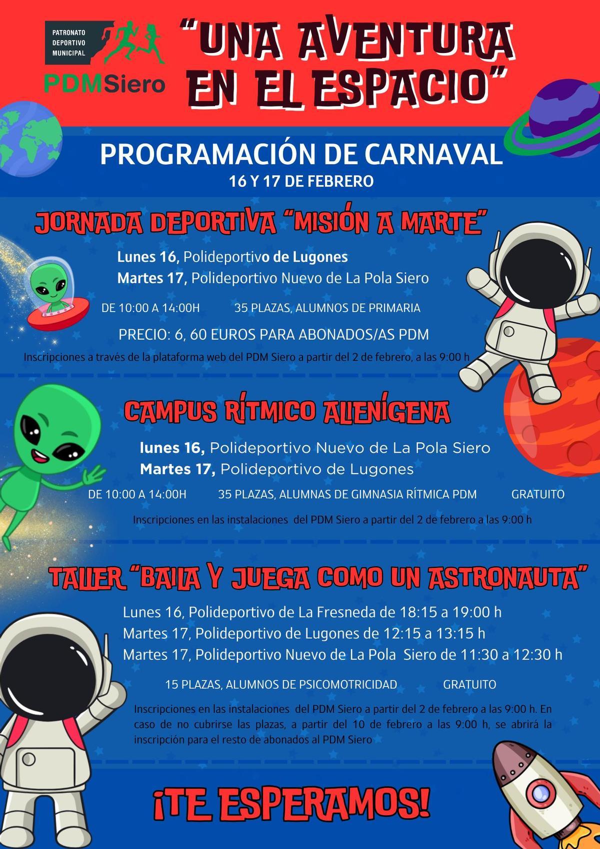 Cartel promocional de las actividades del Patronato Deportivo Municipal de Siero.