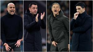 Guardiola (City), Xavi (Barça), Luis Enrique (PSG) y Arteta (Arsenal).