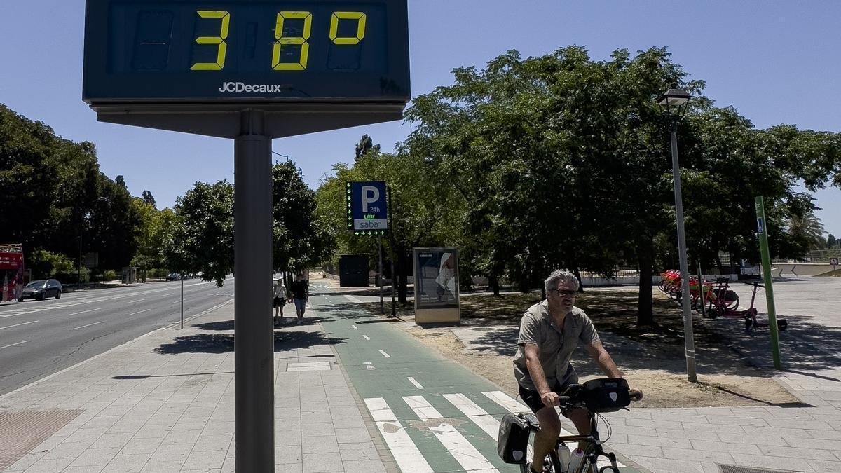 Vista de un termómetro este domingo en el centro de Sevilla