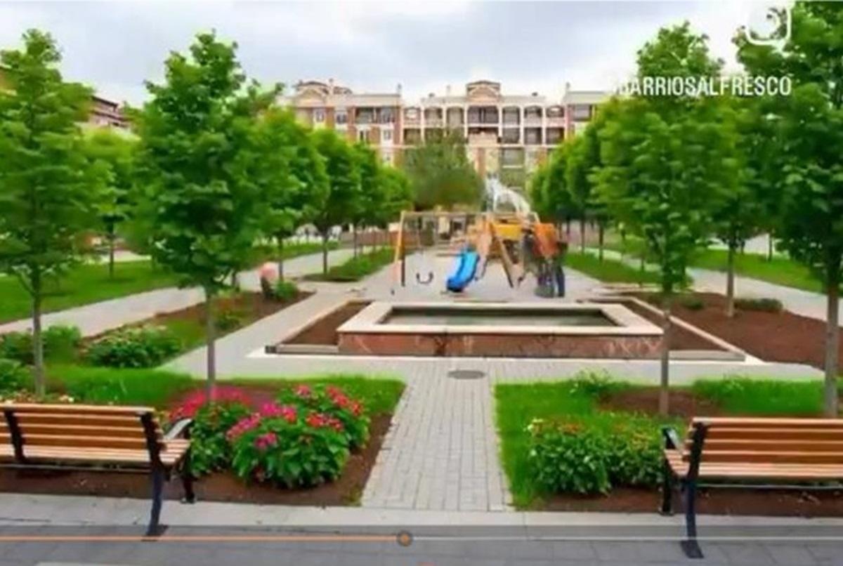 Recreación virtual de la propuesta de la asociación vecinal Los Califas para convertir en un parque con área infantil la plaza de Matías Prats.