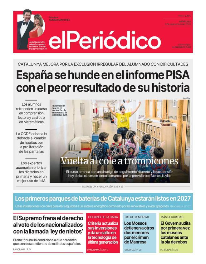 La portada de EL PERIÓDICO del 9 de septiembre de 2026