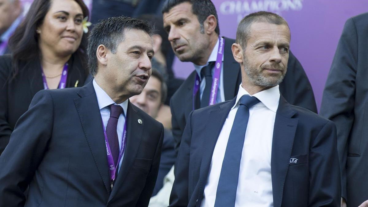 Bartomeu y Ceferin, presidente de la Uefa, en Barcelona.