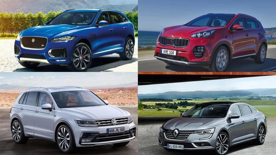 De izquierda a derecha y de arriba a abajo, los nuevos Jaguar F-Pace, KIA Sportage y Volkswagen Tiguan, junto al ganador de este mes, el Renault Talisman