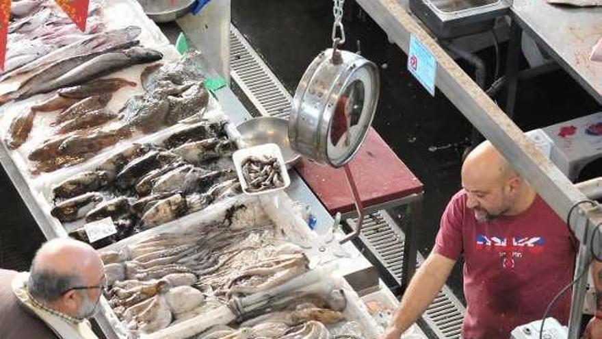 Un puesto de pescados y mariscos en Vilagarcía. // I. Abella