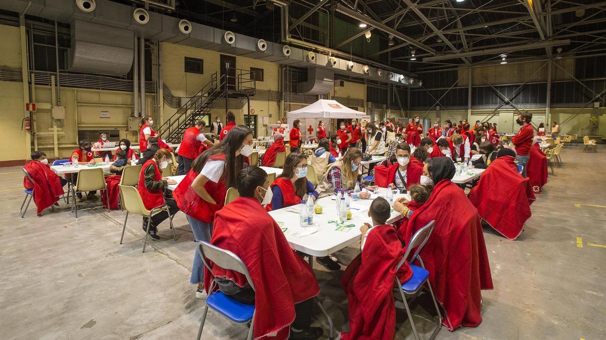 Los afganos llegados este 12 de octubre a Torrejón son atendidos por voluntarios de la Cruz Roja