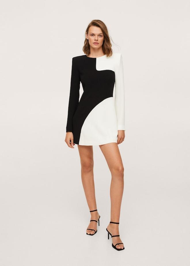 Vestido blanco y negro con abertura en la espalda de Mango