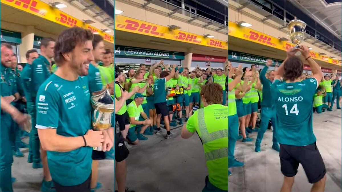 Fernando Alonso celebra con el equipo el tercer puesto en el GP de Bahrein