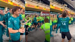 Fernando Alonso celebra con el equipo el tercer puesto en el GP de Bahrein