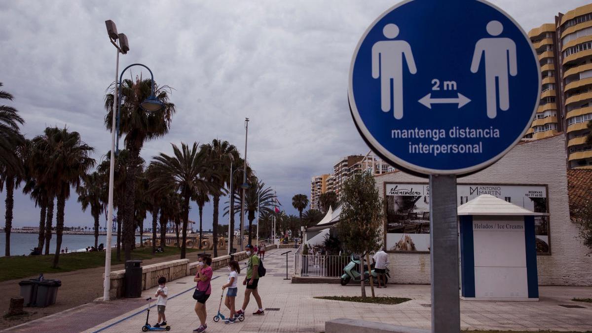 &quot;El virus se quedará entre nosotros, hay que prepararse para las olas que vendrán&quot;, explica el investigador Javier del Águila Mejía. En la imagen, una familia en el paseo marítimo de la Malagueta ante un disco que recuerda mantener la distancia de 2 metros entre personas, este domingo.