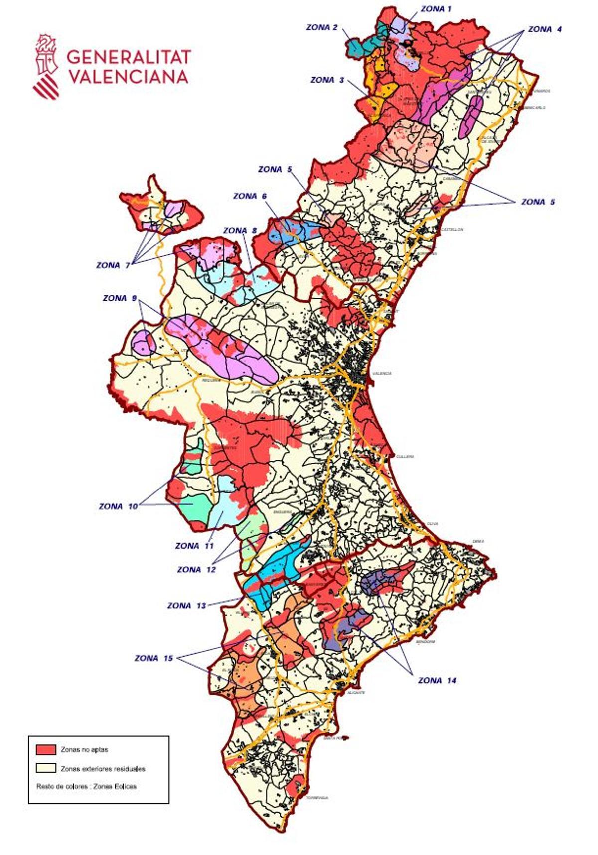 Mapeo de zonas aptas y no aptas (rojo) que incluía el Plan Eólico de 2001 actualmente en vigor