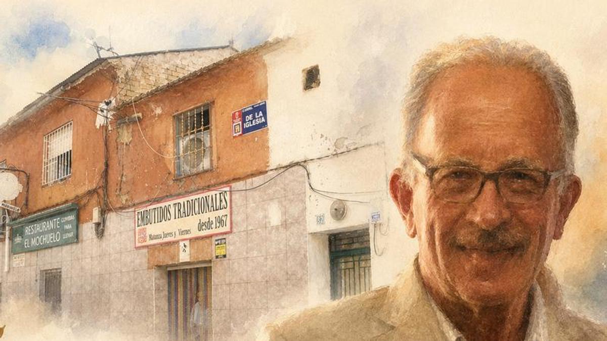 Ilustración de José Sánchez Torralba, 'Pepe el Mochuelo', junto a la fachada de su mítico establecimiento