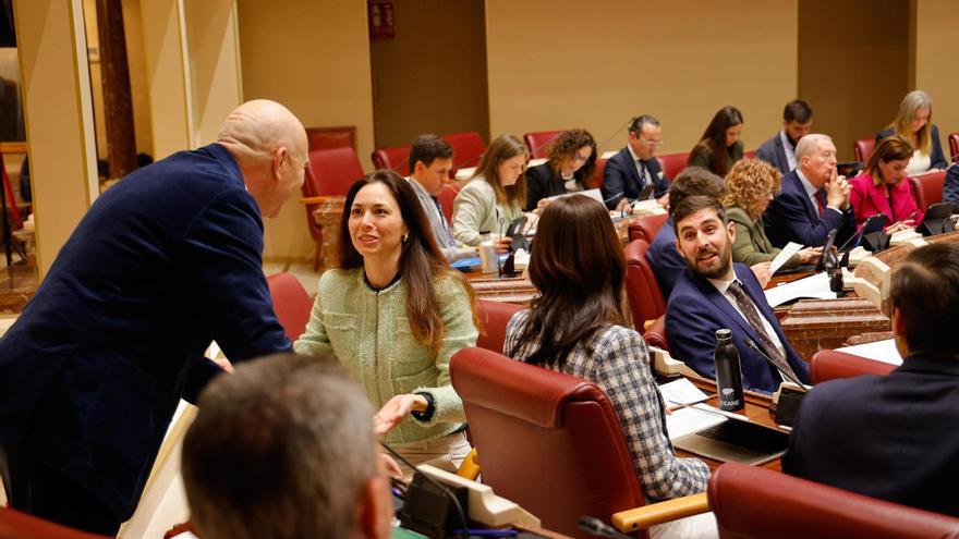 Diputados de Vox hablan entre ellos con la bancada del PP al fondo.