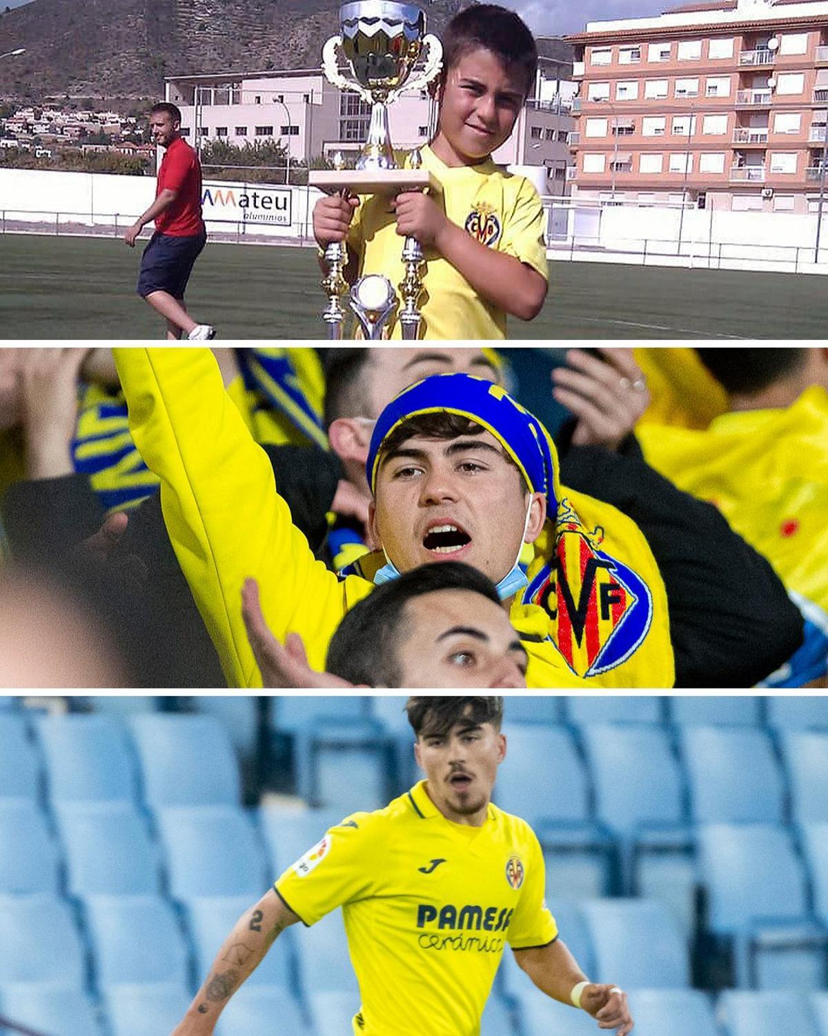 Montaje del Villarreal CF con tres fotos separadas en el tiempo de Marcos Sánchez, que lleva 14 de sus 19 años en el Villarreal.