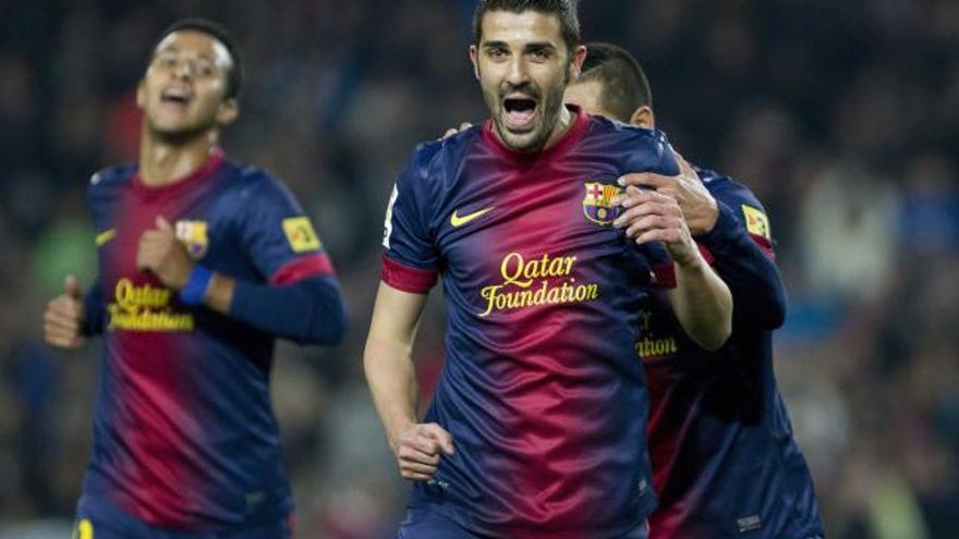 Villa celebra uno de sus goles en el partido de Copa frente al Córdoba en el Camp Nou.