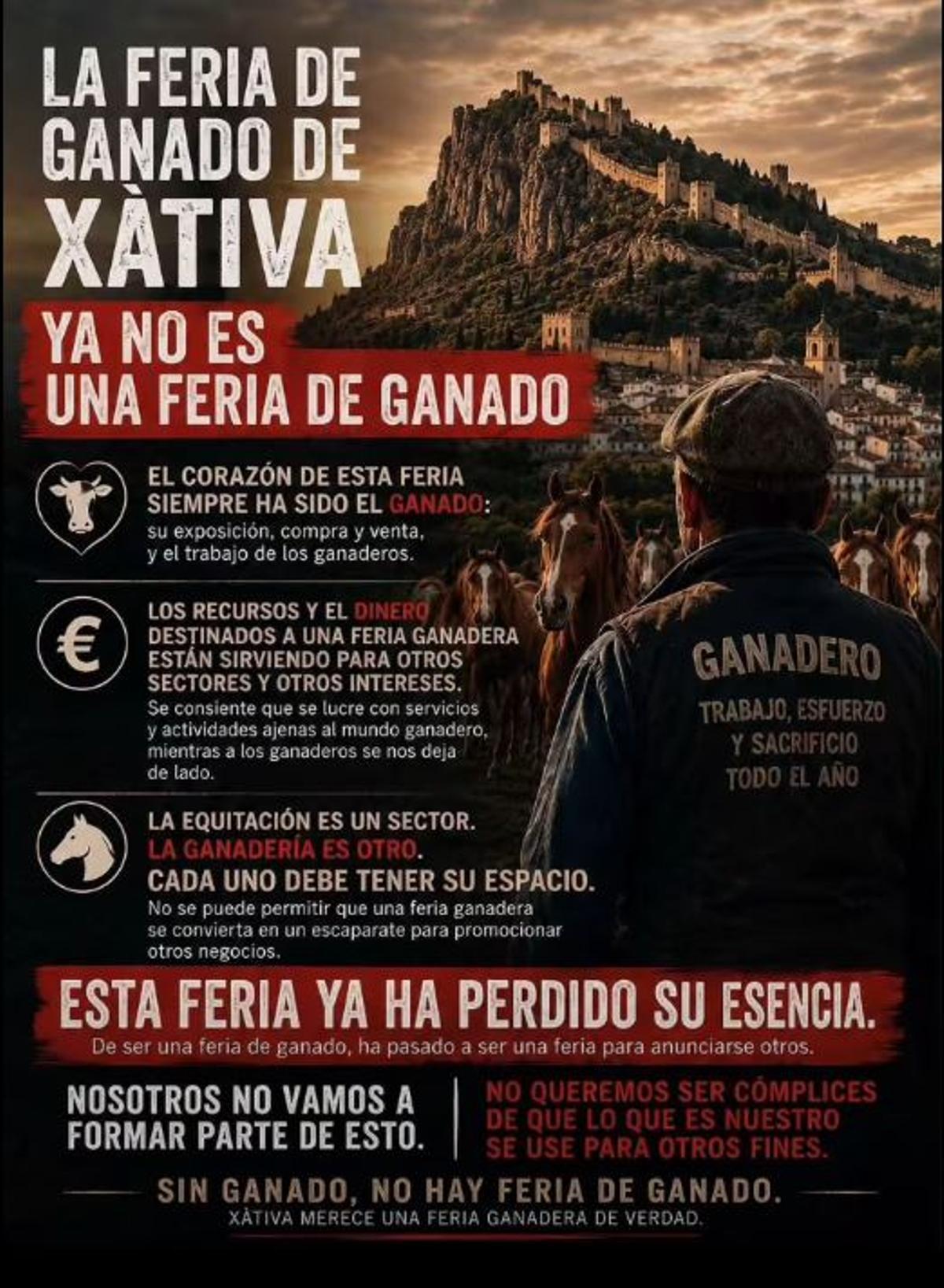 Cartel en el que se denuncia la pérdida del espíritu de la Fira del Bestiar de Xàtiva