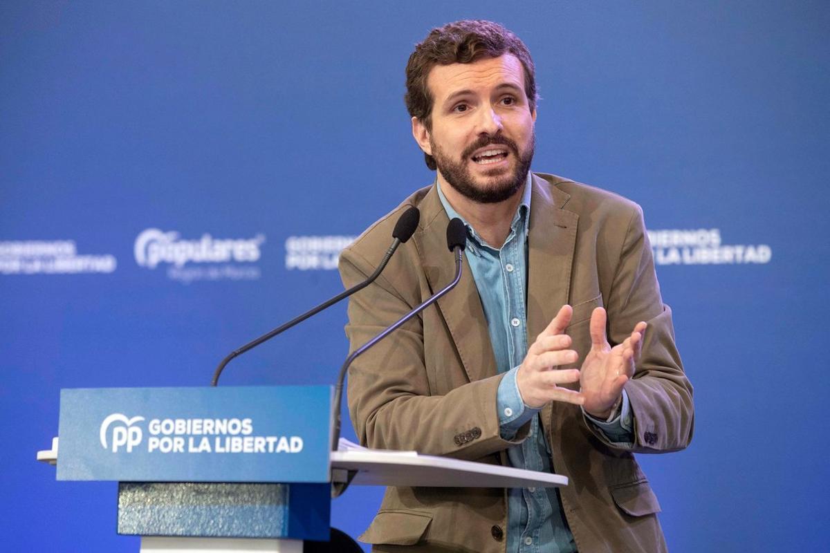 GRAF4239. MURCIA, 19/01/2020.- El presidente del PP Pablo Casado, durante su intervención en el acto de partido, Los Gobiernos por la Libertad, hoy en el Auditorio Regional de Murcia. EFE/Marcial Guillén