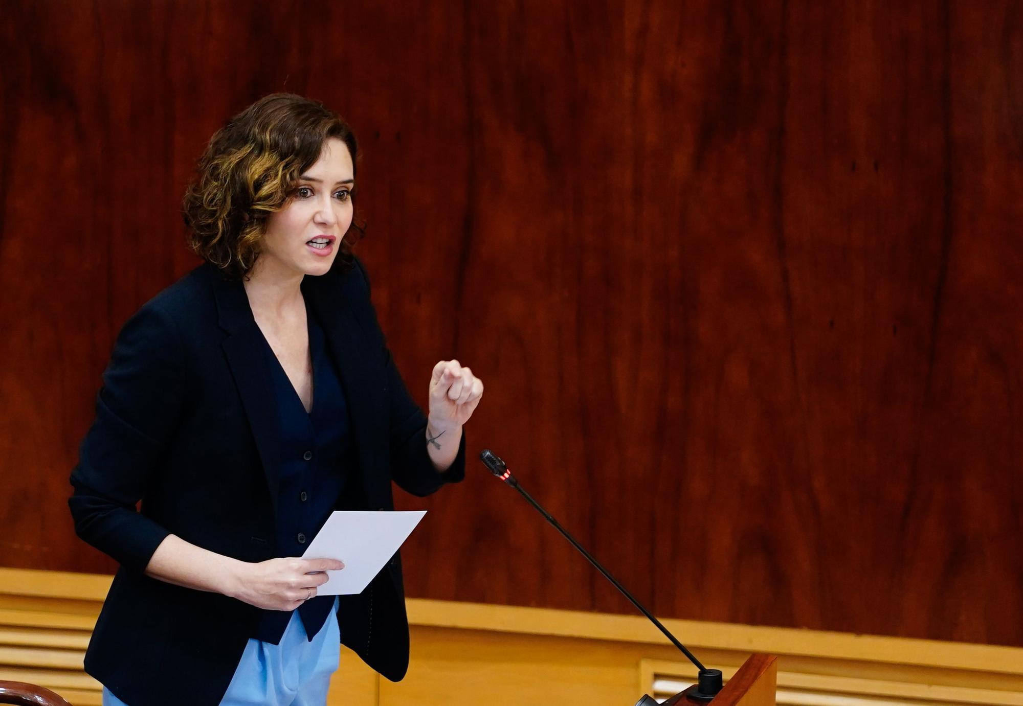 La presidenta de la Comunidad de Madrid, Isabel Díaz Ayuso, durante el pleno de la Asamblea de Madrid de este jueves.