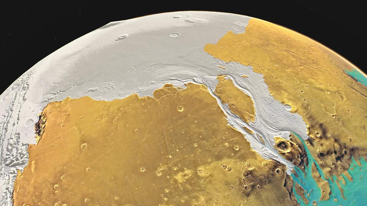 Creación artística del antiguo Marte, con capas de hielo congeladas y glaciares que desembocan en el océano del norte.