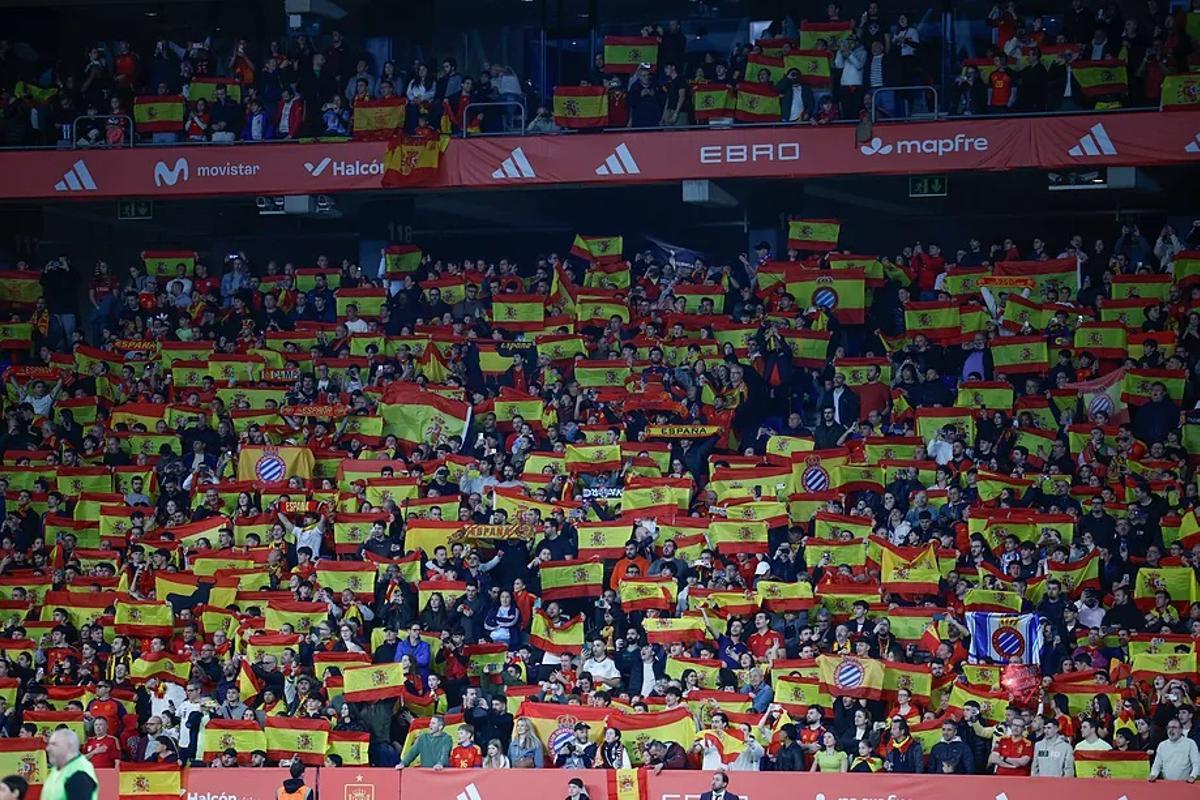 Aficionados con banderas en el partido de Cornellá.