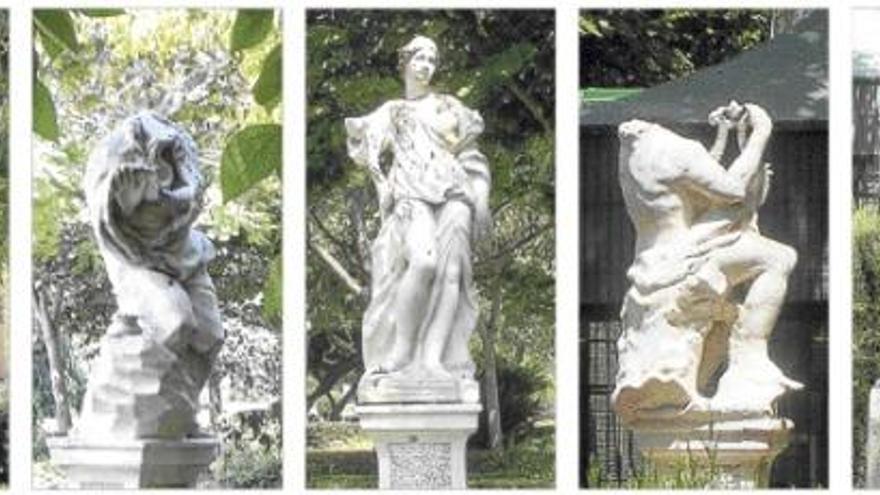Estatuas de Venus, Plutón, Diana y Apolo, obras de Giacomo Antonio Ponzanelli, y de la «Mujer en reposo» de José Esteve Edo.
