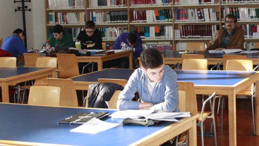 Varios alumnos estudian en una biblioteca.