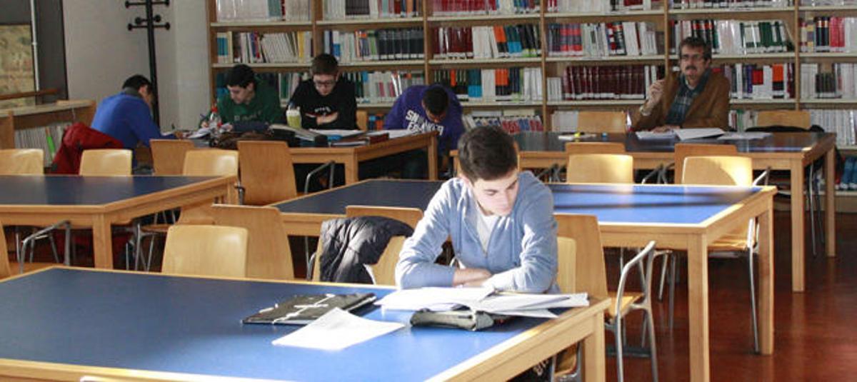 Varios alumnos estudian en una biblioteca.