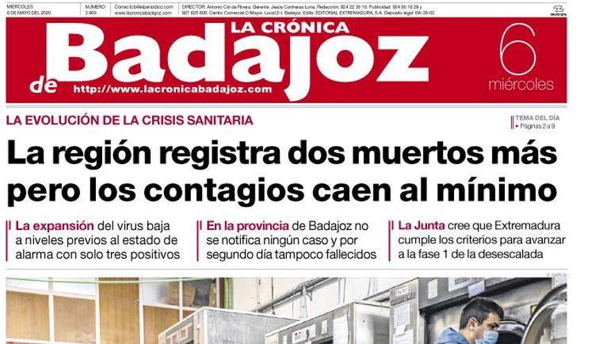 Esta es la portada de LA CRÓNICA DE BADAJOZ correspondiente al día 6 de mayo del 2020