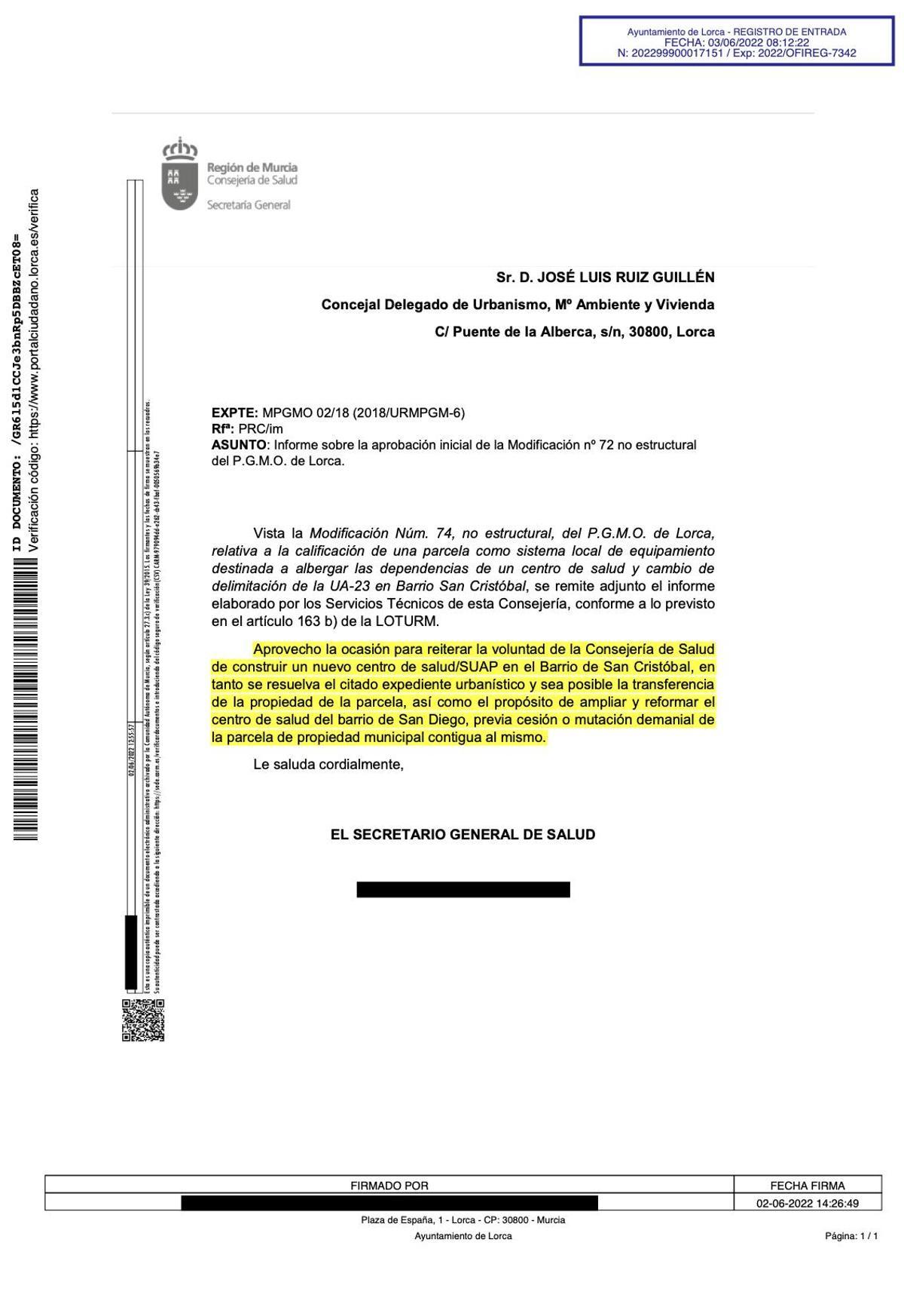 Escrito de la Consejería de Salud aportado por el PSOE de Lorca.