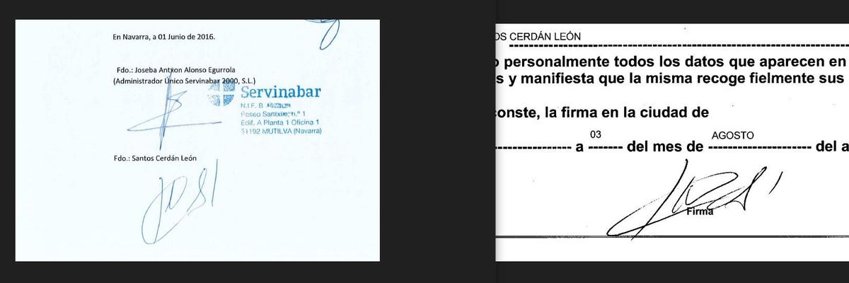 A la izquierda la supuesta firma de Cerdán en el contrato de Servinabar y a la derecha firma de Cerdán en el Congreso