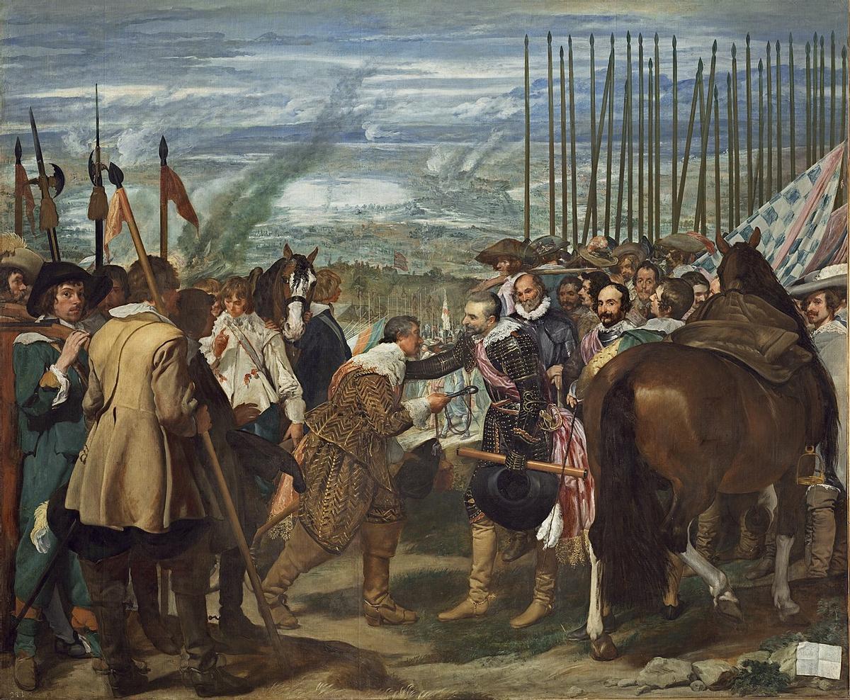 La obra representa el momento en que Justino de Nassau rindió la ciudad de Breda, en 1625, a las tropas españolas al mando del general Ambrosio Spínola, que aparece recibiendo las llaves de la ciudad de manos de su enemigo.