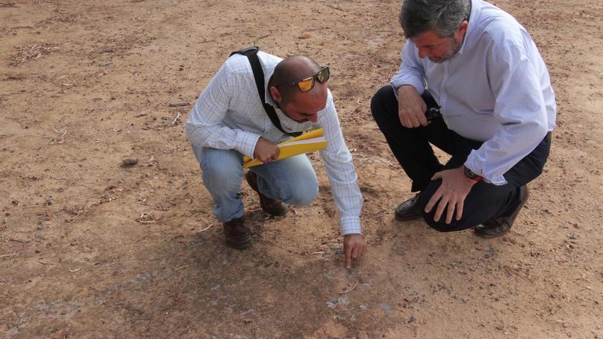 El director general de Medio Ambiente, Juan Madrigal (d), supervisando ayer el suelo del colegio de El Llano junto a un técnico