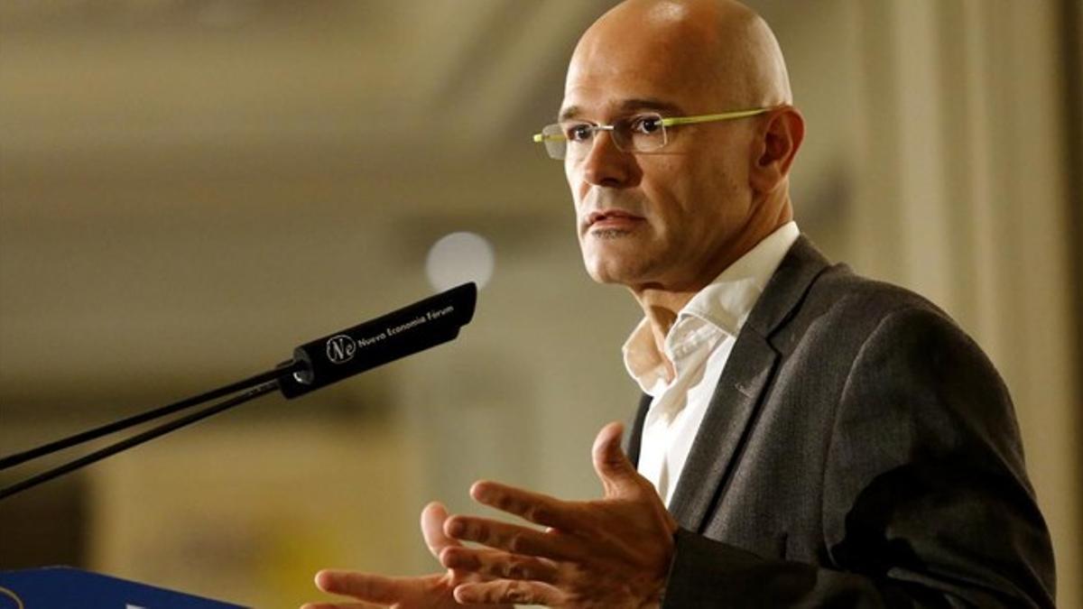 El cabeza de lista de Junts pel Sí, Raül Romeva, este lunes, 14 de septiembre, en una conferencia en Madrid.