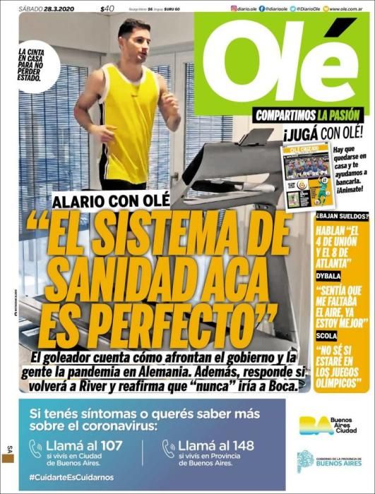 Portada OLÉ sábado 28 marzo 2020