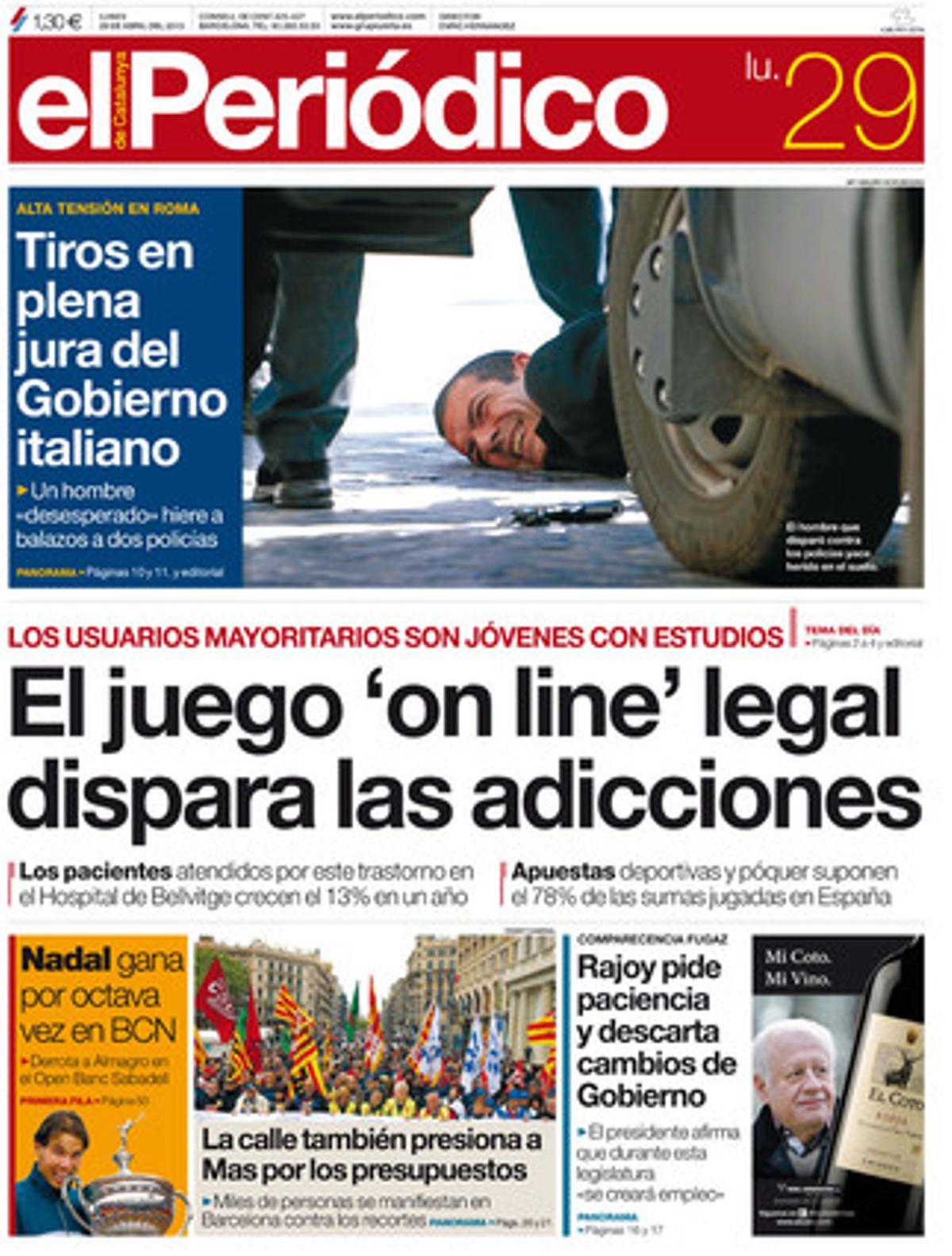 La portada de EL PERIÓDICO del lunes.