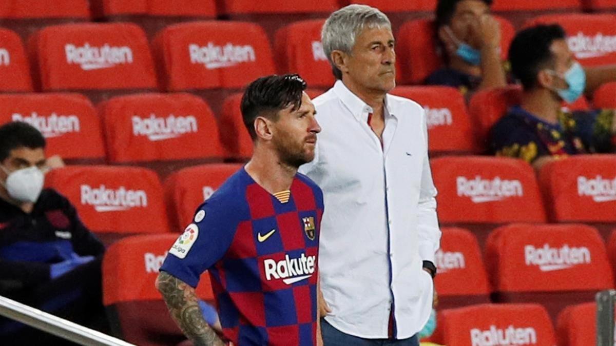 Messi y Setién, en el Barça-Osasuna del Camp Nou.