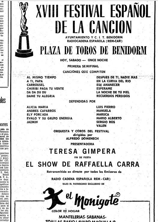 Cartel de actuaciones de la semifinal del Festival de Benidorm, 1976.