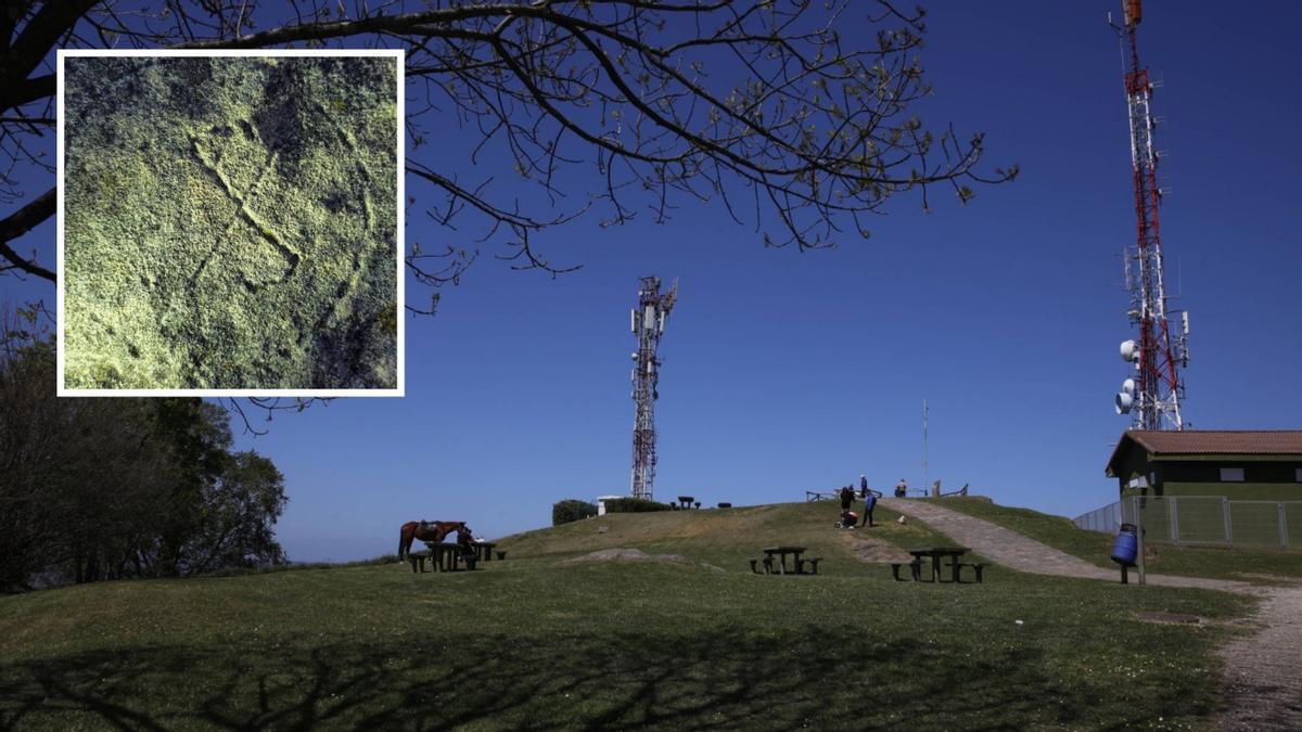 El Picu'l Sol y, en el recuadro, el petroglifo hallado por un músico de una banda de gaitas gijonesa.