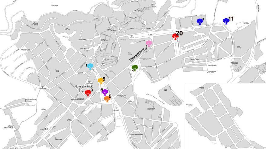 Mapa de les zones on s&#039;actuarà i els tipus d&#039;arbres que s&#039;hi plantaran