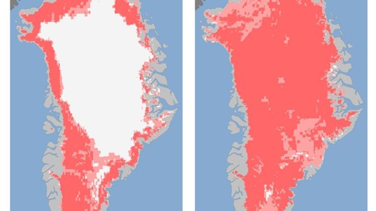 Imágenes de la NASA que muestran en rosa la superficie del deshielo en Groenlandia el 8 de julio (izquierda) y el 12 de julio (derecha).