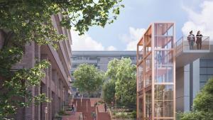 Proyección virtual del aspecto de los futuros ascensores que sustituirán a las escaleras mecánicas de la plaza de la Bòbila, en Esplugues de Llobregat